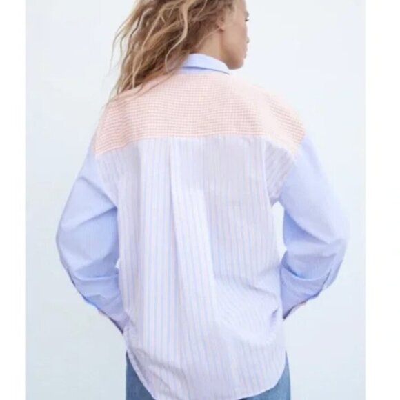 ZARA Blue and Beige Oversized Patchwork Shirt Size XS NWT - Picture 3 of 10
